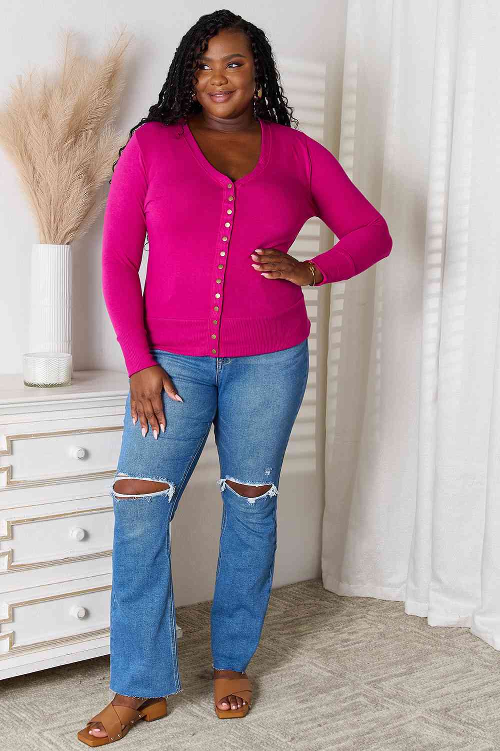 Zenana Full Size V-Neck Long Sleeve Cardigan-Cardigans + Kimonos-Inspired by Justeen-Women's Clothing Boutique in Chicago, Illinois
