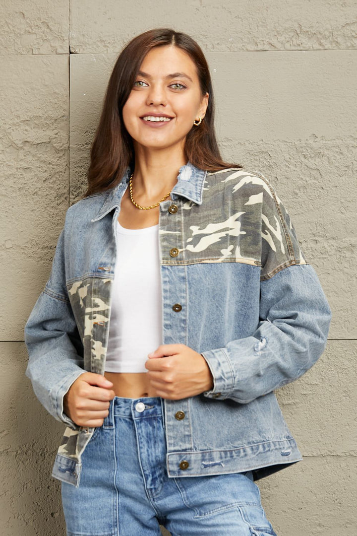 GeeGee Full Size Washed Denim Camo Contrast Jacket-Outerwear-Inspired by Justeen-Women's Clothing Boutique in Chicago, Illinois