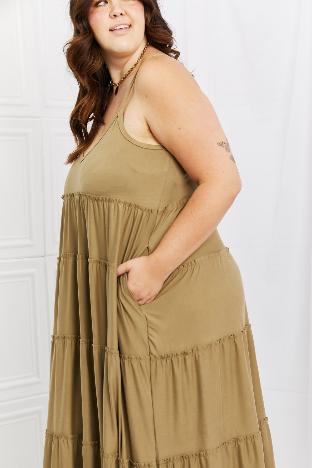 Zenana Full Size Spaghetti Strap Tiered Dress with Pockets in Khaki-Dresses-Inspired by Justeen-Women's Clothing Boutique in Chicago, Illinois