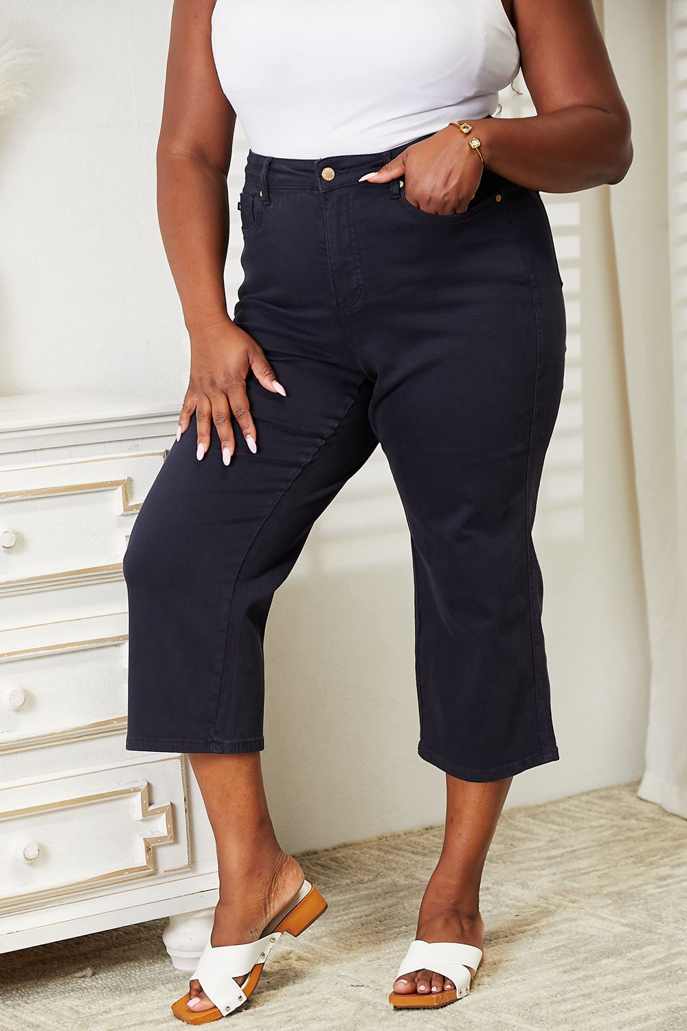 Judy Blue Full Size High Waist Tummy Control Garment Dyed Wide Cropped Jeans-Denim-Inspired by Justeen-Women's Clothing Boutique in Chicago, Illinois