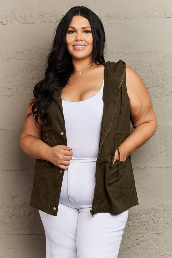 Zenana More To Come Full Size Military Hooded Vest-Outerwear-Inspired by Justeen-Women's Clothing Boutique