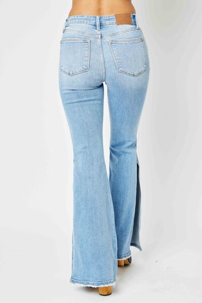 Judy Blue Full Size Mid Rise Raw Hem Slit Flare Jeans-Denim-Inspired by Justeen-Women's Clothing Boutique in Chicago, Illinois