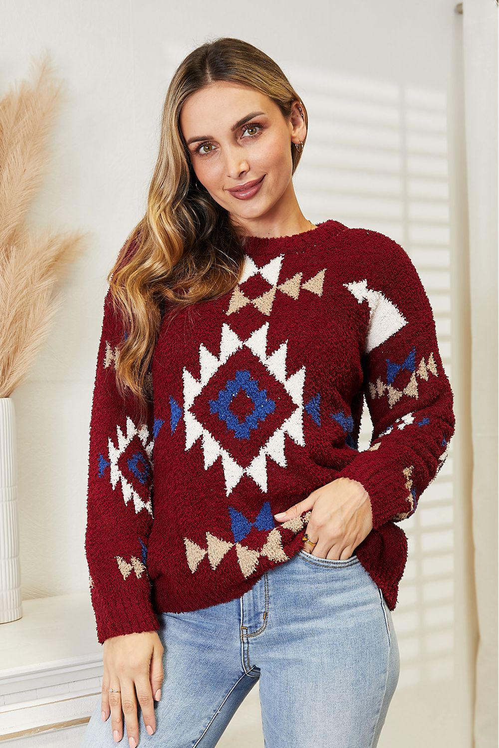 HEYSON Full Size Aztec Soft Fuzzy Sweater-Sweaters/Sweatshirts-Inspired by Justeen-Women's Clothing Boutique