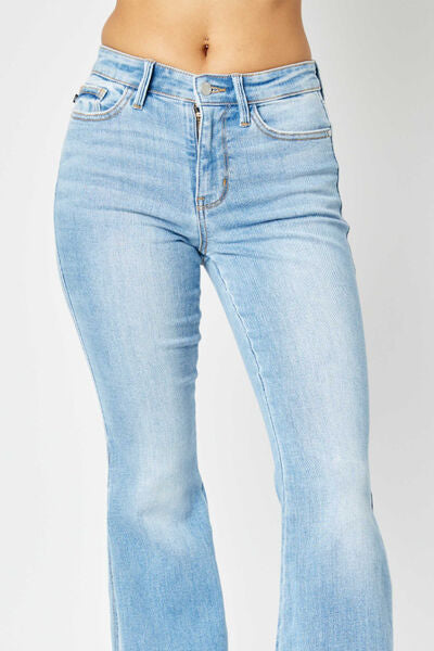 Judy Blue Full Size Mid Rise Raw Hem Slit Flare Jeans-Denim-Inspired by Justeen-Women's Clothing Boutique