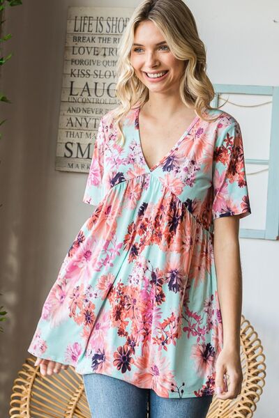 Heimish Full Size Floral V-Neck Short Sleeve Babydoll Blouse-Short Sleeve Tops-Inspired by Justeen-Women's Clothing Boutique in Chicago, Illinois