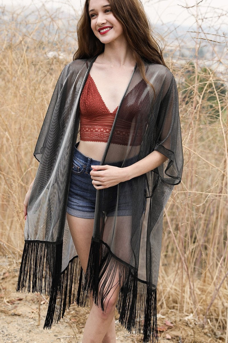 Sheer Metallic Tassel Kimono-Ponchos-Inspired by Justeen-Women's Clothing Boutique in Chicago, Illinois